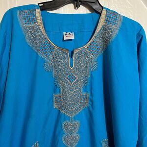 Embroidered Egyptian Kaftan Dress Turquoise Boho Resort 100% Cotton